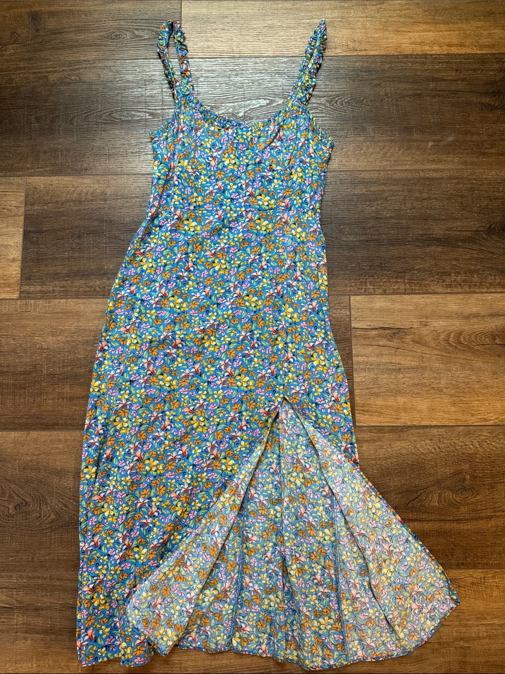 Zara Blue Floral Midi Dress with Multicolor Print